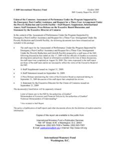 Comoros: Assessment of Performance Under the Program Supported by Emergency Post-Conflict Assistance and Request for a Three-Year Arrangement Under the Poverty Reduction and Growth Facilitiy—Staff Report; Supplement, I