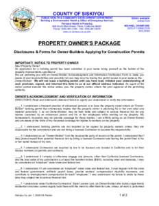 COUNTY OF SISKIYOU PUBLIC HEALTH & COMMUNITY DEVELOPMENT DEPARTMENT Building ♦ Environmental Health ♦ Office of Emergency Services Personal Health ♦ Planning 806 South Main Street∙ Yreka, California[removed]Phone: 