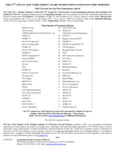 THE 57TH ANNUAL NEW YORK EMMY® AWARD NOMINATIONS ANNOUNCED THIS MORNING! MSG Network Gets the Most Nominations with 64 New York, NY – Tuesday, February 4, 2014. The 57th Annual New York Emmy® Award nominations took p