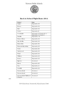 Newton Public Schools  Back to School Night Dates 2014 :mm