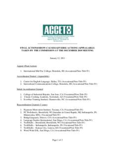 FINAL ACTIONS/SHOW-CAUSES/ADVERSE ACTIONS (APPEALABLE) TAKEN BY THE COMMISSION AT THE DECEMBER 2010 MEETING January 12, 2011  Appeal (Final Action)