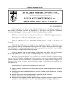 Tuesday, November 20, 2007  LEGISLATIVE ASSEMBLY OF MANITOBA __________________________  VOTES AND PROCEEDINGS