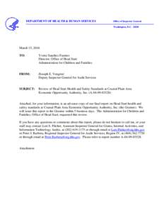 Review of Head Start Health and Safety Standards at Coastal Plain Area Economic Opportunity Authority, Inc., A[removed]