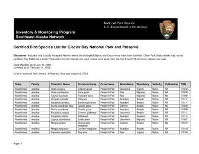 Microsoft Word - Certified Bird Species List for Glacier Bay National Park and Preserve.docx