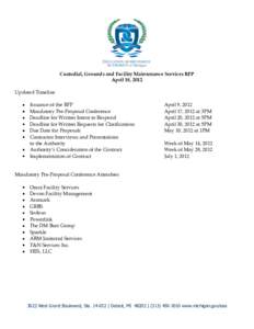 Custodial, Grounds and Facility Maintenance Services RFP April 18, 2012 Updated Timeline Issuance of the RFP Mandatory Pre-Proposal Conference Deadline for Written Intent to Respond