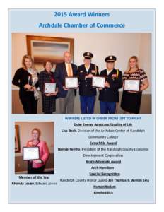 2015 Award Winners Archdale Chamber of Commerce WINNERS LISTED IN ORDER FROM LEFT TO RIGHT Duke Energy Advocacy/Quality of Life Lisa Bock, Director of the Archdale Center of Randolph