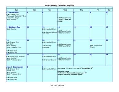 Music Ministry Calendar- May2014 Sun 4 Communion  Mon