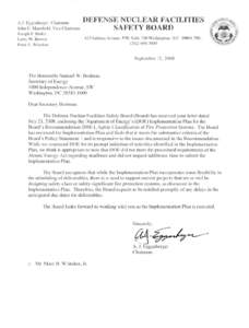 September 11, 2008 letter from Chairman Eggenberger to DOE Secretary re: Recommendation[removed], Safety Classificatin of Fire Projection System