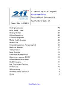 2-1-1 Maine: Top 20 Call Categories Androscoggin County Reporting Period: December 2012 Total Number of Calls: 539 Report Date: [removed]Heating Assistance