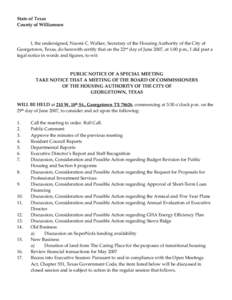State of Texas  County of Williamson        I, the undersigned, Naomi C. Walker, Secretary of the Housing Authority of the City of 