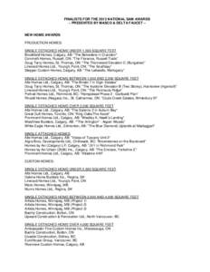 FINALISTS FOR THE 2013 NATIONAL SAM AWARDS – PRESENTED BY MASCO & DELTA FAUCET – NEW HOME AWARDS PRODUCTION HOMES: SINGLE DETACHED HOME UNDER 1,500 SQUARE FEET