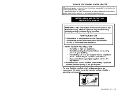 POWER VENTED GAS WATER HEATER A Spanish language version of these instructions is available by contacting the company listed on the rating plate. La version espanola de estas instrucciones se puede obtener al escribirle 