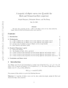 A majority of elliptic curves over Q satisfy the Birch and Swinnerton-Dyer conjecture arXiv:1407.1826v2 [math.NT] 17 Jul[removed]Manjul Bhargava, Christopher Skinner, and Wei Zhang