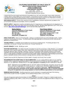 CALIFORNIA DEPARTMENT OF PUBLIC HEALTH HEALTH EDUCATION CONSULTANT II OPEN EXAMINATION CONTINUOUS TESTING TU30[removed]2H1CE