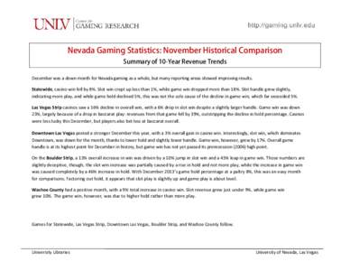 Nevada Gaming Statistics: November Historical Comparison Summary of 10-Year Revenue Trends December was a down month for Nevada gaming as a whole, but many reporting areas showed improving results. Statewide, casino win 