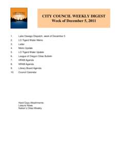 CITY COUNCIL WEEKLY DIGEST Week of December 5, [removed]Lake Oswego Dispatch, week of December 5