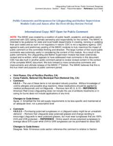 Lifeguarding Code and Annex Public Comment Response Comment structure: Section – Basis – Recommendation – Reference (if provided) 1  Public	Comments	and	Responses	for	Lifeguarding	and	Bather	Supervision