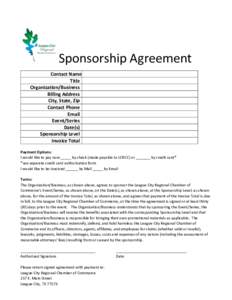 Sponsorship Agreement Contact Name Title Organization/Business Billing Address City, State, Zip