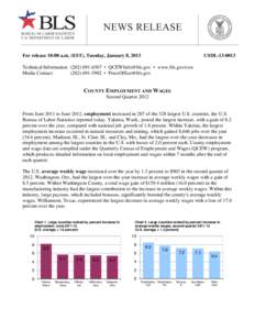 For release 10:00 a.m. (EST), Tuesday, January 8, 2013  USDL[removed]Technical Information: ([removed] • [removed] • www.bls.gov/cew Media Contact:
