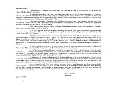 Madame Chancellor: I have the honour to present Dr. John Frank Allen, B.A. (Manitoba), M.A. and Ph.D. (Toronto), M.A. (Cambridge), and Fellow of the Royal Society of London. Dr. Allen is a distinguished son of this provi