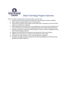 Diesel Technology Program Outcomes After successfully completing the Diesel requirements, students will: 1. Trouble shoot and resolve equipment malfunctions and will repair to industry standards. 2. Apply a logical assem