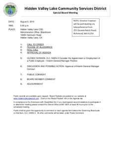 Hidden Valley Lake Community Services District Special Board Meeting DATE:  August 5, 2015