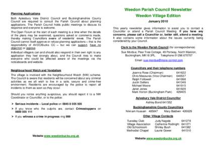 Weedon Parish Council Newsletter Planning Applications Both Aylesbury Vale District Council and Buckinghamshire County