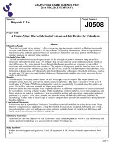 CALIFORNIA STATE SCIENCE FAIR 2014 PROJECT SUMMARY Name(s)  Benjamin C. Liu