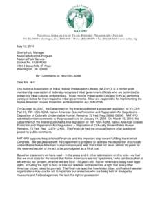 May 12, 2010 Sherry Hutt, Manager National NAGPRA Program National Park Service Docket No[removed]AD68 1201 I Street NW, 8th Floor