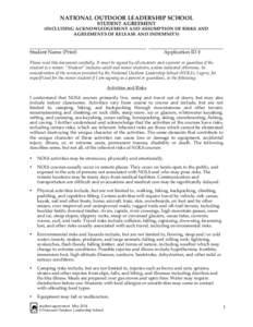 NATIONAL OUTDOOR LEADERSHIP SCHOOL STUDENT AGREEMENT (INCLUDING ACKNOWLEDGEMENT AND ASSUMPTION OF RISKS AND AGREEMENTS OF RELEASE AND INDEMNITY)