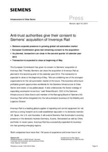 Press Release: Anti-trust authorities give their consent to Siemens’ acquisition of Invensys Rail