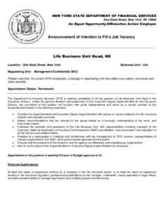 Vacancy Announcement: Life Business Unit Head, NS