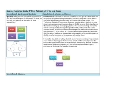 Sample	
  Items	
  for	
  Grade	
  3	
  “How	
  Animals	
  Live”	
  by	
  Lisa	
  Oram	
   Sample	
  Item	
  2:	
  Questions	
  and	
  Standards	
   Sample	
  Item	
  2:	
  Advances	
  and	
  An