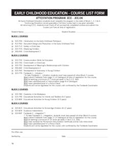 EARLY CHILDHOOD EDUCATION - COURSE LIST FORM ATTESTATION PROGRAM: ECE - JEE.OK All Early Childhood Education students must complete the program in the order of Block 1, 2, 3 & 4. Continuing Education cannot guarantee a f