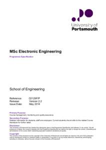 MSc Electronic Engineering Programme Specification School of Engineering Reference: Release: