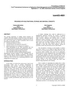 Proceedings of ICEM ‘03: th The 9 International Conference on Radioactive Waste Management and Environmental Remediation September 21 – 25, 2003, Examination School, Oxford, England  icem03-4681