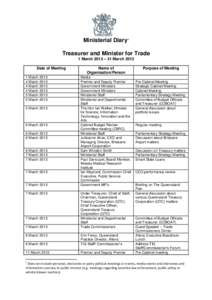Ministerial Diary1 Treasurer and Minister for Trade 1 March 2013 – 31 March 2013 Date of Meeting 1 March[removed]March 2013