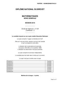 REPÈRE : 16DNBGENMATIN-G21  DIPLÔME NATIONAL DU BREVET MATHÉMATIQUES SÉRIE GÉNÉRALE