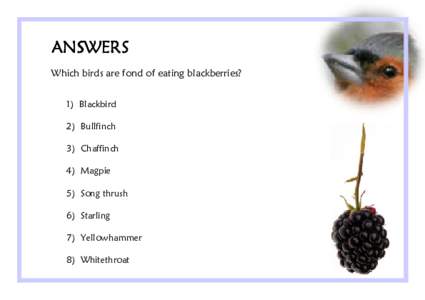 ANSWERS Which birds are fond of eating blackberries? 1) Blackbird 2) Bullfinch 3) Chaffinch 4) Magpie