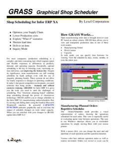 GRASS Graphical Shop Scheduler RASS for Infor XA By Lexel Corporation Shop Scheduling for Infor ERP XA Optimize your Supply Chain Lower Production costs