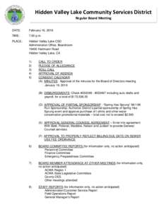 Hidden Valley Lake Community Services District Regular Board Meeting DATE:  February 16, 2016