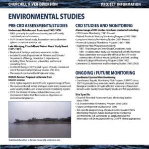 CHURCHILL RIVER DIVERSION  proJECT information ENVIRONMENTAL STUDIES PRE-CRD ASSESSMENTS/STUDIES