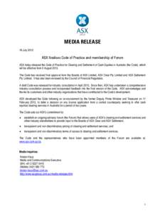 Microsoft Word - Media Release - Finalised Code of Practice - FINAL