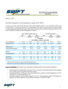 January 27, 2014 Dear Fellow Stockholders of Swift Transportation Company (NYSE: SWFT), A summary of our key results for the three and twelve months ended December 31,st for each of the last three years is shown below. A