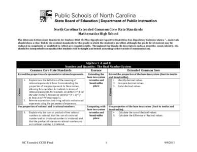 North Carolina Extended Common Core State Standards Mathematics High School The Alternate Achievement Standards for Students With the Most Significant Cognitive Disabilities Non-Regulatory Guidance states, “…material