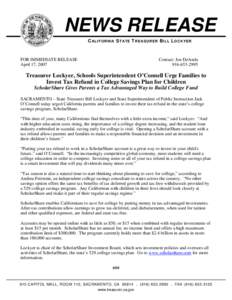 NEWS RELEASE CALIFORNIA STATE TREASURER BILL LOCKYER FOR IMMEDIATE RELEASE April 17, 2007