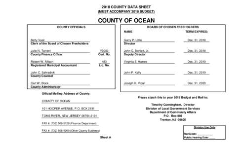 2018 COUNTY DATA SHEET (MUST ACCOMPANY 2018 BUDGET) COUNTY OF OCEAN COUNTY OFFICIALS