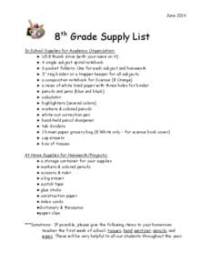 June[removed]th 8 Grade Supply List In School Supplies for Academic Organization: