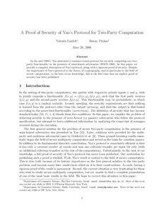 A Proof of Security of Yao’s Protocol for Two-Party Computation Yehuda Lindell∗