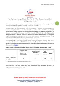 HCDCP, Weekly report 25-Sept[removed]Weekly Epidemiological Report for West Nile Virus disease, Greece, [removed]September 2014 This weekly epidemiological report aims to present an overview of the reported cases and publ